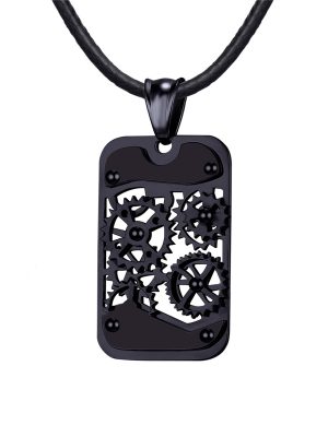 Rotatable Gear Pendant Steampunk Necklace with Braided Leather Chain in Black Plated