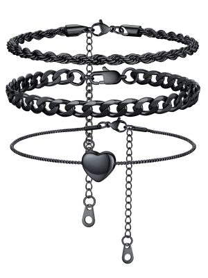3 Pcs Layered Anklet Set in Black Plated