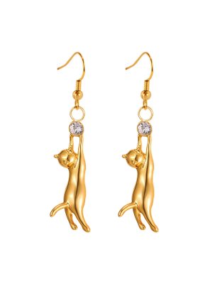 Cute Cat Dangle Drop Earrings with Rhinestone in 18K Gold