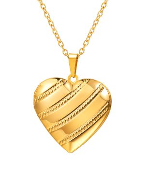 Photo Locket Pendant Heart Stripe Necklace in 14K Gold Plated