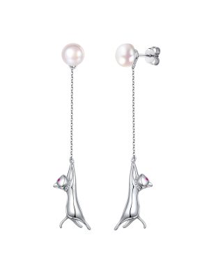 Cute Cat Dangle Drop Earrings with Pearl in Silver