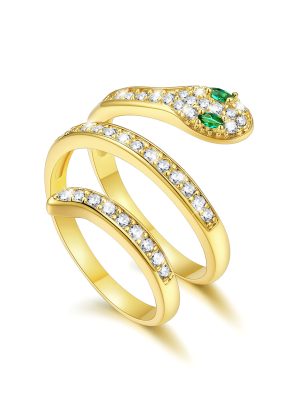 Adjustable Gothic Snake Statement Ring with Emerald Crystal in 14K Gold